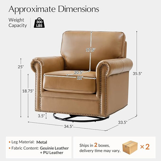 HULALA HOME Swivel Accent Chair Genuine Leather Barrel Rocker Chair with Metal Base Transitional Armchair Padded Round Armrest Set of 2, Camel