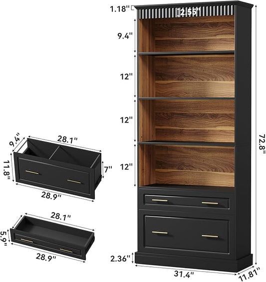 LITTLE TREE 72" Tall Black Bookcase, 5-Tier Office Bookself with File Cabinet Drawers,Modern Floor Standing Storage Filing Cabinet Book Shelf for Living Room,Bedroom
