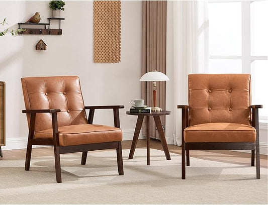 ANJ Mid Century Modern Accent Chair Set of 2 for Living Room, Tufted Faux Leather Armchair, Comfy Retro Bedroom Side Chair with Dark Wood Frame, Orange Brown