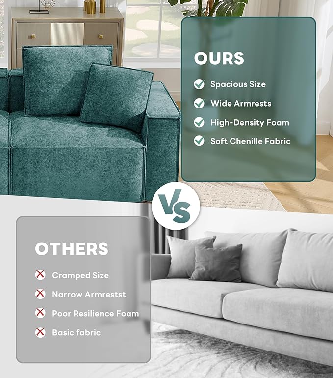 WILLOVE 47'' Single Sofa with Ottoman, Chenille Cloud Couch with Wide Armrests & 3 Pillows, Deep Seat Couches for Living Room, Green