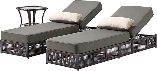 Luxury Outdoor Chaise Lounge Chairs of 2 with 5 Inch Thick Cushions and Side Table - 3 PCS High Back Brown Wicker Rattan Patio Recliners Lounger Furniture Set for Poolside Sunbathing - Grey