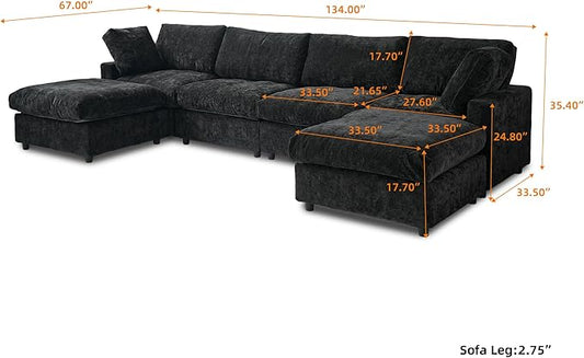 WJShome U Shaped Sectional Couch 134 Inch 4-Seater Modern Modular Sofa with 2 Ottoman,Chenille Deep Seat Couches for Living Room, Bedroom and Apartment，Black