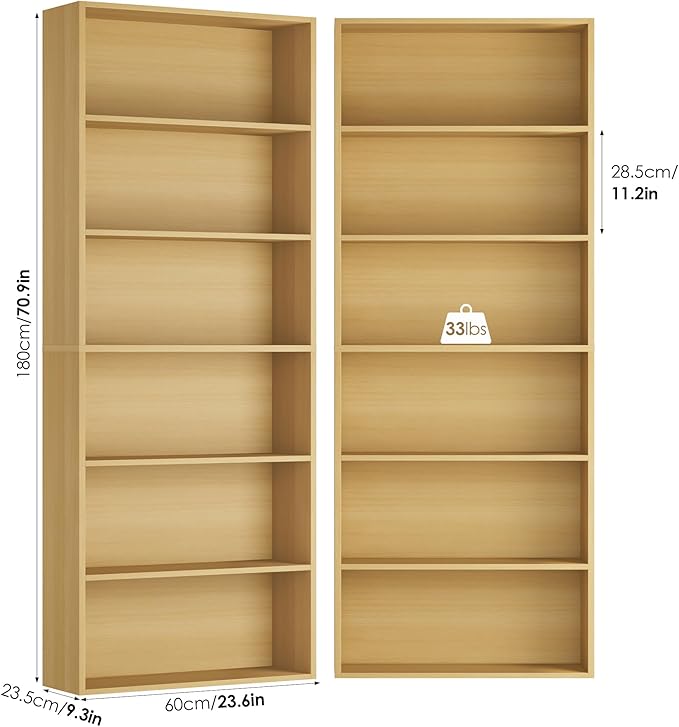 FOTOSOK 70.8" Tall Bookcase Shelf, 6 Tier Wide Bookshelf with Storage, Billy Bookcase Set of 2, Large Bookshelf for Living Room, Home Office, Natural