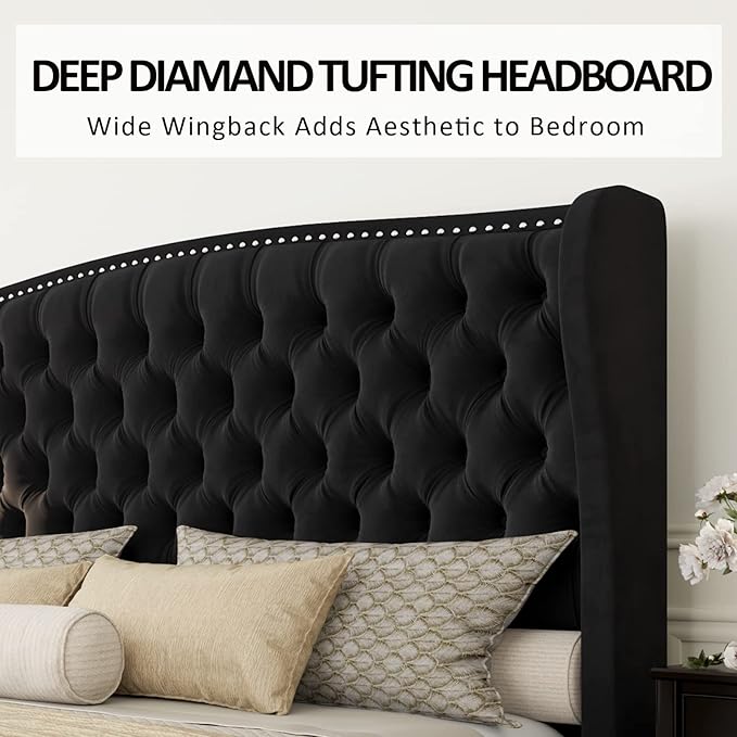 AMERLIFE King Size Platform Bed Frame, Velvet Upholstered Bed with Deep Button Tufted & Nailhead Trim Wingback Headboard/No Box Spring Needed/Black
