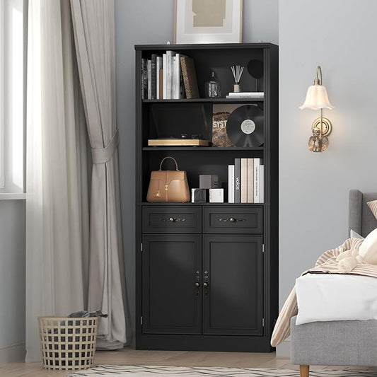 72'' Tall Bookcase with Doors and Drawers, Adjustable Shelves, P2 MDF Construction, 32'' Wide Freestanding Cabinet with Metal Handles, Hidden Storage for Living Room, Bedroom, Black