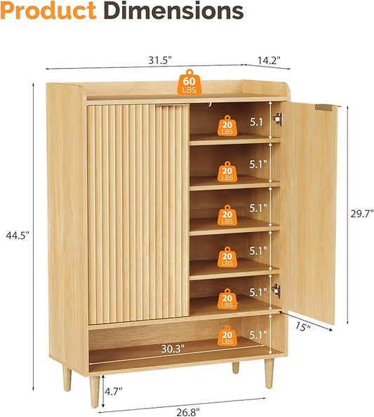 VINGLI Shoe Cabinet with Fluted Doors, 6 Tier Large Wooden Entryway Shoe Storage Cabinet with Adjustable Shelves,44.5" Tall Modern Freestanding Shoe Rack Organizer for Entryway, Hallway, Closet,Oak