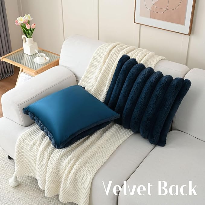 FUTEI Navy Blue Decorative Throw Pillow Covers 16x16 Inch Set of 2, Square Soft Faux Rabbit Fur Thick Striped Cushion Cover,Winter Home Decor for Couch Bed Living Room