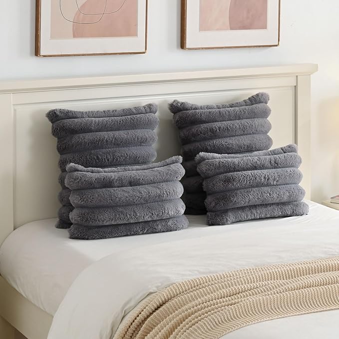 FUTEI Grey Decorative Throw Pillow Covers 18x18 Inch Set of 2, Square Soft Faux Rabbit Fur Thick Striped Cushion Cover,Winter Home Decor for Couch Bed Living Room