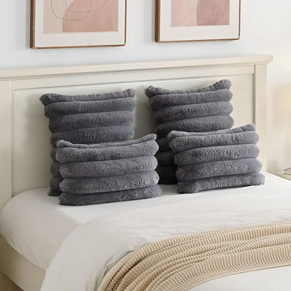 FUTEI Grey Decorative Throw Pillow Covers 18x18 Inch Set of 2, Square Soft Faux Rabbit Fur Thick Striped Cushion Cover,Winter Home Decor for Couch Bed Living Room