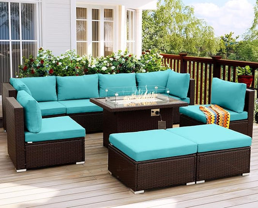 NICESOUL Large Outdoor Patio Furniture Set with Firepit Propane/Natural Gas, High-End Deep Seats Wicker Modular Sectional Sofas for 8, 29.3'' High Back Conversation Sets, Brown Rattan and Teal Cushion