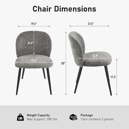 Upholstered Dining Chairs Set of 2, Modern Kitchen Side Chair with Padded Seat Comfortable Chenille Fabric Study Black Matel Legs,Desk Chair with Back for Dining Rooms, Gray