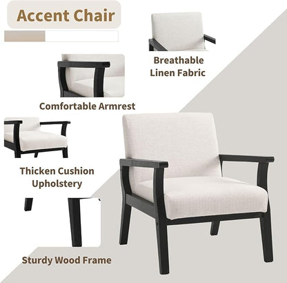 HNY Mid Century Armchair with Black Wood Frames, Linen Upholstered Living Room Arm Chair, for Living Room, Bedroom, Ivory