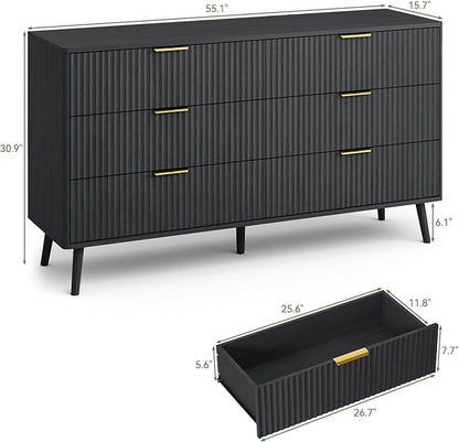 LYNSOM Fluted Dresser and Nightstand Sets 2 Piece, 2-Drawer Nightstands and 6-Drawers Dresser, Wood Bedroom Furniture Set for Home, Bedroom, Hallway, Black