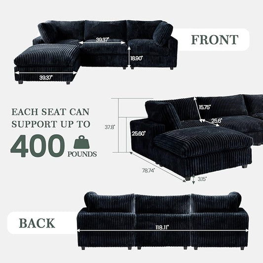 Modular Sectional Sofa, L Shaped Sofa with Chaise Ottoman, Deep Seat Cloud Sectional Couch, Couch Cushion Covers Removable, Comfy Modular Couches for Living Room, Office, Apartment, Black