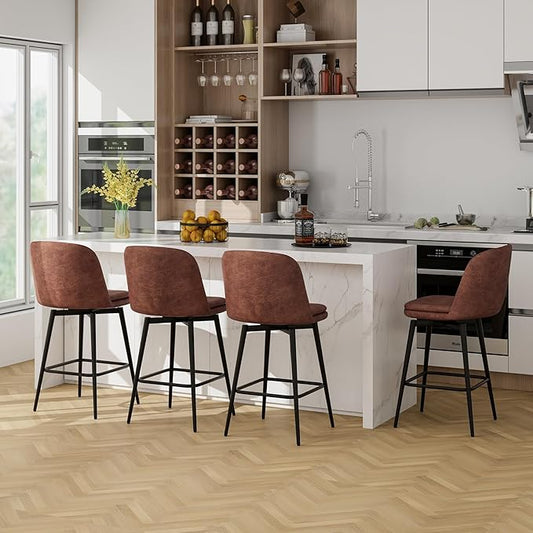 COSTWAY Bar Stool Set of 4, 27 Inch Swivel Counter Height Chair with Padded Seat, Metal Legs & Footrest, PU Leather Bar Chair for Kitchen Island (4)