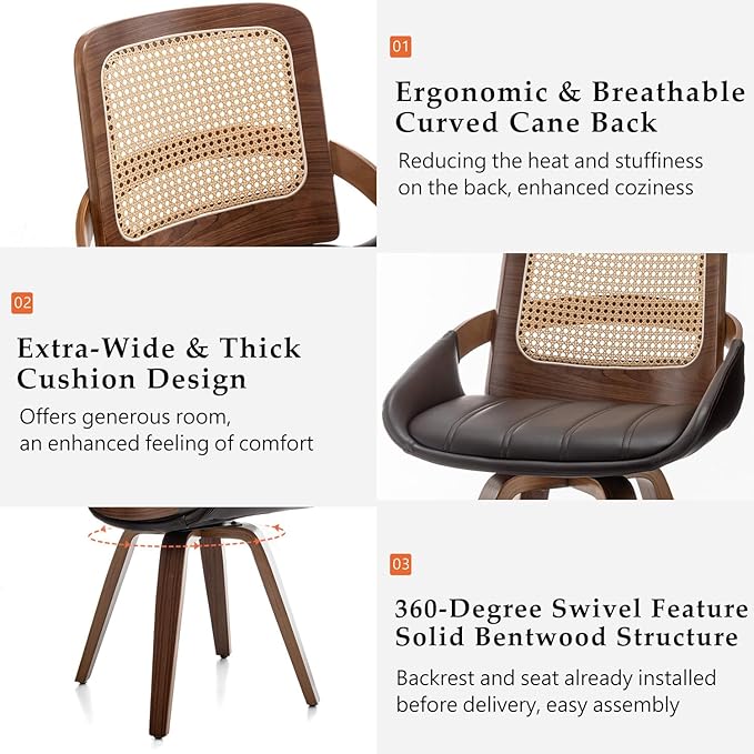 Set of 1 Swivel Rattan Dining Chair - Mid Century Modern Dining Chair with Bentwood Frame, Ergonomic Cane Back, Curved Arms, Faux Leather Swivel Chair for Kitchen/Restaurant (Walnut Brown, Set of 1)