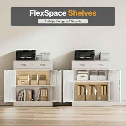 Metal Storage Cabinets with Drawer, 36”H Lockable Storage Cabinet with Doors and Adjustable Shelves, Small White Steel File Cabinet for Home, Office, Warehouse, School, Assembly Required