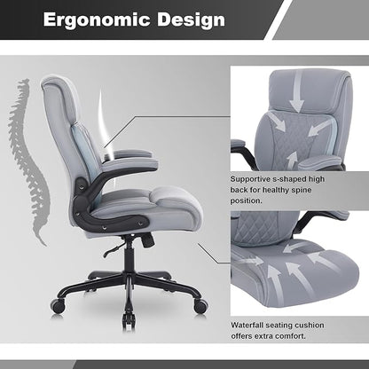 Youhauchair Executive Office Chair, Ergonomic PU Leather Computer Desk Chair with Lumbar Support, Flip-up Armrests and Adjustable Height, for Home Office, Grey
