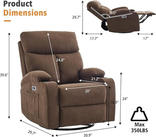 Power Swivel Rocker Recliner Massage Chair for Adults, Electric Rocking Recliner Glider Chairs for Living Room with USB and Type-C Ports,Fabric Reclining Sofa Chair (Mocha Brown)