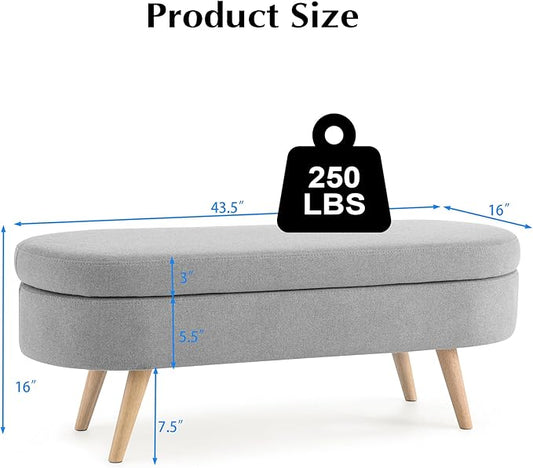 Storage Ottoman Bench 43" Storage Bench for Bedroom, Upholstered Soft Boucle Fabric End of Bed with Safety Hinge Solid Wood Legs Foot Stool Benches for Hallway,Closet,Oval, Entryway, Grey