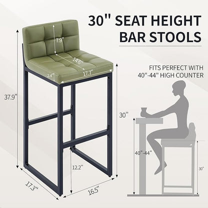 Set of 2 Bar Stools, Modern Counter Stool, Upholstered Faux Leather Barstools with Back, Comfortable 30-inch Seat Height Island Chairs for Kitchen Island (Avocado Green, 2Pcs 30" Bar Stools)