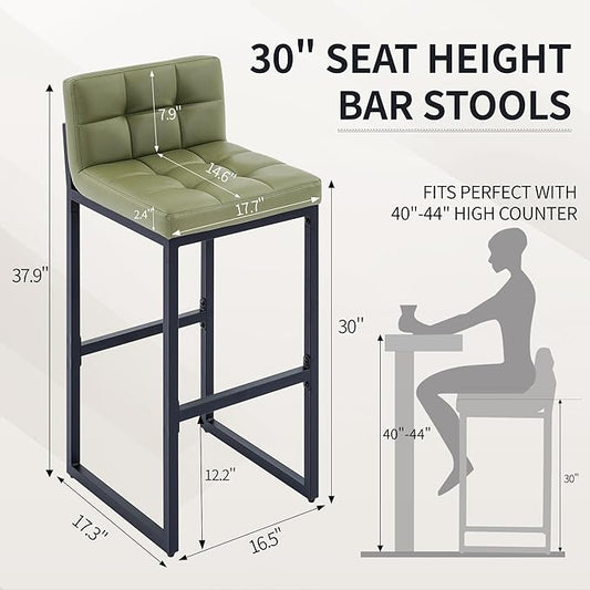 Set of 2 Bar Stools, Modern Counter Stool, Upholstered Faux Leather Barstools with Back, Comfortable 30-inch Seat Height Island Chairs for Kitchen Island (Avocado Green, 2Pcs 30" Bar Stools)