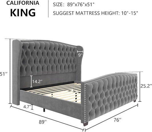 AMERLIFE California King Size Platform Bed Frame, Velvet Upholstered Bed with Deep Button Tufted & Nailhead Trim Wingback Headboard/No Box Spring Needed, Grey