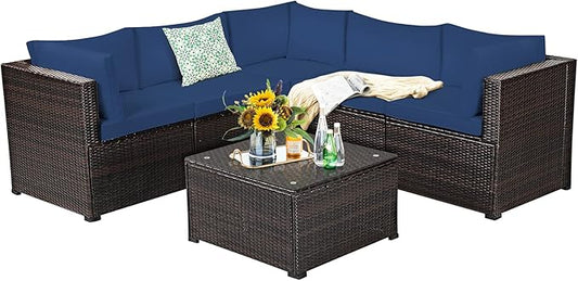 Tangkula 6 Pieces Patio Furniture Set, Outdoor Rattan Sofa Set, Wicker Conversation Set w/Tempered Glass Coffee Table & Cushions, Sectional Sofa Set for Backyard, Garden, Balcony, Poolside