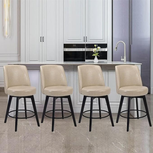 MINCETA Bar Stools Set of 4, PU Leather Barstools, 26 Inch Upholstered Counter Stools with High Back and Footrest, Swivel Counter Height Barstools for Kitchen Island Home Bar Khaki