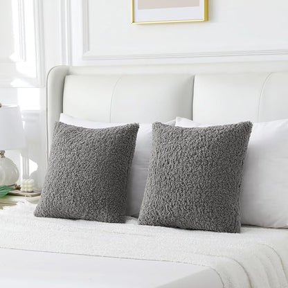 FUTEI Dark Grey Throw Pillow Covers 26x26 Inch Set of 2,Furry Faux Fur Teddy Boucle Textured Cushion Covers,Soft Fluffy Decorative Euro Pillow Shams,Home Decor for Couch Bed Living Room Office Car