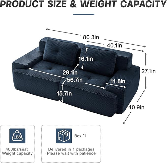 80.3” Blue Boneless Couches for Living Room, Modular Sectional Sofa, 2 Seater Comfy Upholstered Loveseat Deep Seat Corduroy Fabric Cloud Couch No Assembly, Anti-Slip Design