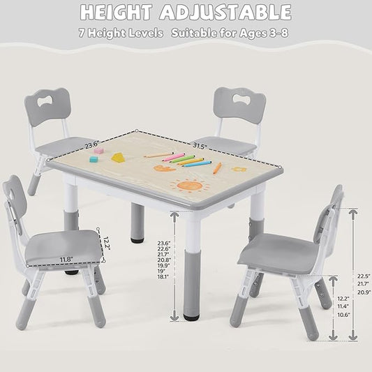 Adjustable Kids Table Chairs Set – Graffiti Desktop, Multi-Activity Height-Adjustable Toddler Study Desk for Ages 3-8 – Ideal for Home, Classroom, Daycare (W-Gray, 4 Chairs-31.5" L x 23.6" W)