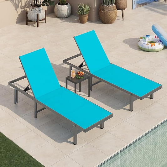Pool Lounge Chairs, Chaise Lounge Outdoor with Wheels and 5-Position Recliner -Easy to Move- Aluminum Patio Lounge Chair for Poolside, Deck (Lakeblue)