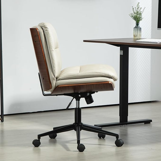 Office Chair, Criss Cross Legged Office Desk Chairs with Wheels, PU Leather Adjustable Swivel Walnut Task Chair with Wide Seat, Ergonomic Mid Back Computer Chair for Meeting Room, Home