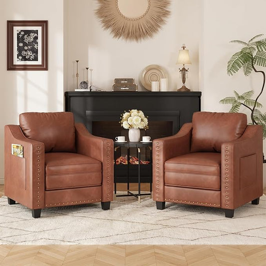 Faux Leather Accent Chair Set of 2 for Living Room, 30 Inches Barrel Upholstered Armchair, Cozy Mid Century Modern Club Arm Chair Single Sofa for Bedroom, Apartment, Reading Room, Brown
