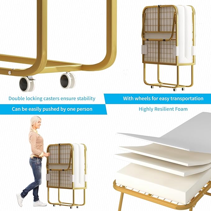 Mjkone Folding Bed with 4-Inch Mattress, 75x31 Inch Portable Rollaway Bed for Adults, Space Saving Design & Locking Wheels