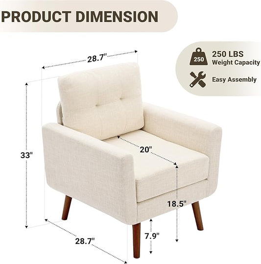 Tbfit Linen Fabric Accent Chairs Set of 2, Mid Century Modern Armchair for Living Room, Bedroom Button Tufted Upholstered Comfy Reading Accent Chair Sofa(Light Beige)