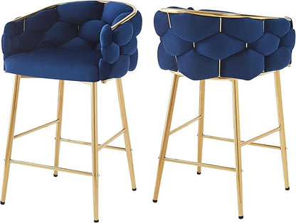 Christopher Knight Home Barrel Counter Stools,Velvet Counter Height Barstools, Modern Luxury Makeup Stool Upholstered Chairs with Gold Legs(Set of 2),Blue