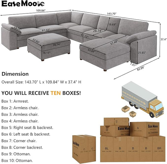 EASE MOOSE Sectional Modular Sofa, Oversized U Shape Sectional Couch Wide Deep seat Sectional Sofa,FSC Certified Comfortable Chenille White Modular Sofa,Detachable and Washable