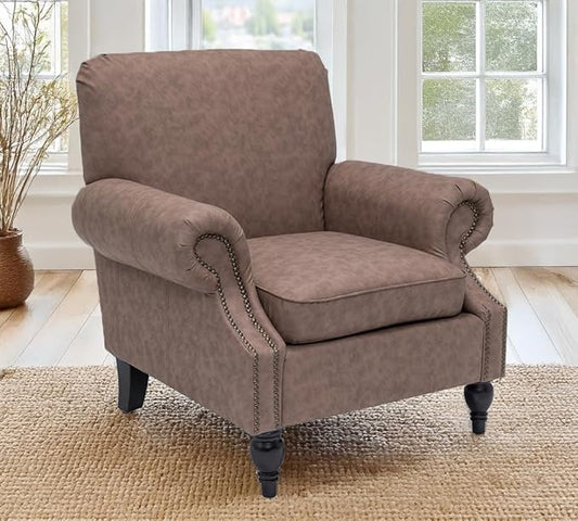 Accent Chair,22.4" Seat Depth Armchair with Roll Arms,36.6W*34.3D*34.6H Living Room Chair,Wood Legs,Set of 1,Faux Leather in Taupe