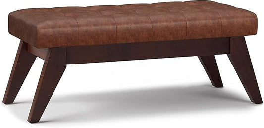 SIMPLIHOME Draper 40 inch Wide Mid Century Modern Rectangle Tufted Ottoman Bench in Distressed Saddle Brown Vegan Faux Leather, Assembled, For the Living Room and Bedroom