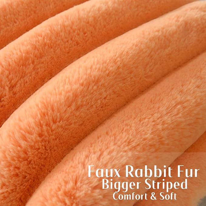 FUTEI Orange Decorative Throw Pillow Covers 22x22 Inch Set of 2, Square Soft Faux Rabbit Fur Thick Striped Cushion Cover,Winter Home Decor for Couch Bed Living Room