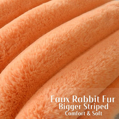 FUTEI Orange Decorative Throw Pillow Covers 26x26 Inch Set of 2, Square Soft Faux Rabbit Fur Thick Striped Euro Pillow Shams,Winter Home Decor for Couch Bed Living Room