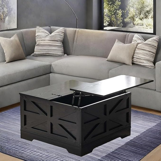 Lift Top Coffee Table, 31.5" Square Coffee Table with Storage, Farmhouse Coffee Tables for Living Room, Cocktail Tables with Large Hidden Compartment, Rustic Black