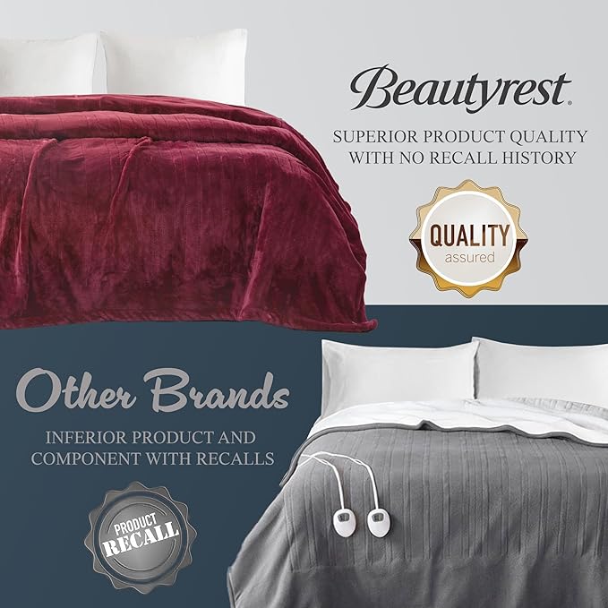 Beautyrest Heated Electric Blanket for Cold Weather, Fast Heating Heated Blanket, Auto Shut Off, Virtually Zero EMF, Multi Heat Setting, UL Certified, Red King (90 inx100 in)