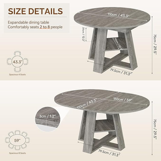Aivermel 43.3‑59 in Extendable Oval Dining Table for 4‑6, Engineered Wood Round Dining Table with Hidden Extension Storage & Bottom Shelf, Space‑Saving Modern Kitchen Living Room Tables (Vintage Grey)