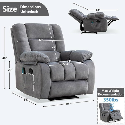 ANJHOME Massage Recliner Chairs with Heat and Vibration,Overstuffed Manual Rocking Reclining Chair for Living Room Bedroom (Light Grey)