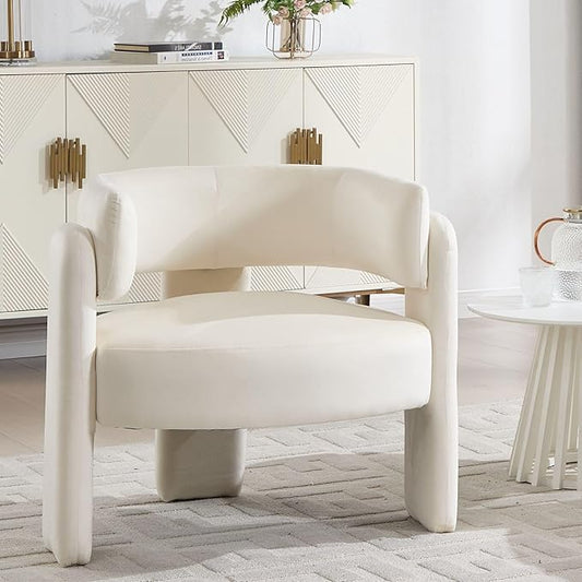 Velvet Accent Chair with Arms, Upholstered Barrel Armchair with Curved Back, Comfy Single Side Chair for Reading, Living Room, Home Office, Beige