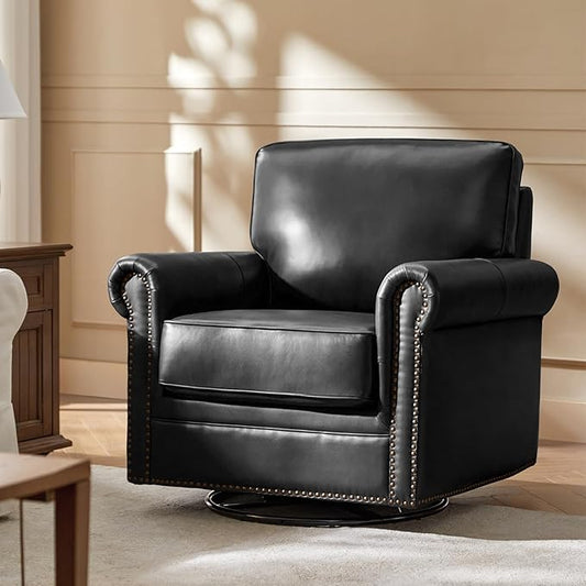 HULALA HOME Swivel Accent Chair Genuine Leather Barrel Rocker Chair with Metal Base Transitional Armchair Padded Round Armrest, Black
