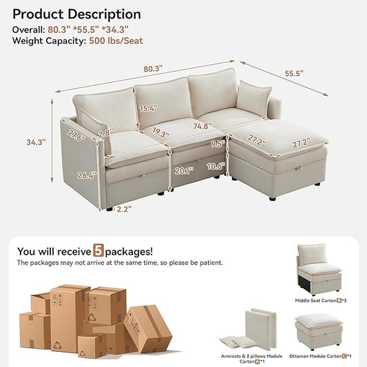 80" Cloud Modular 3 Seater Sofa with Storage Ottoman, Modern Upholstered Storage Sofa Couch Deep Seat, L Shape Sectional Sofa Chenille Comfy Couch with Armrests for Living Room, Small Space, Beige